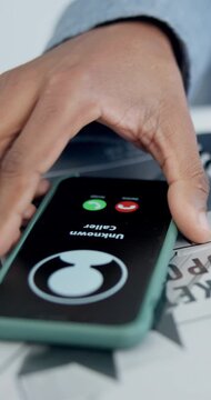 Person, hands and phone call with unknown user in office for business scam, fraud or decline. Employee, working or busy with mobile smartphone, ring or request for rejection or refusal in workplace