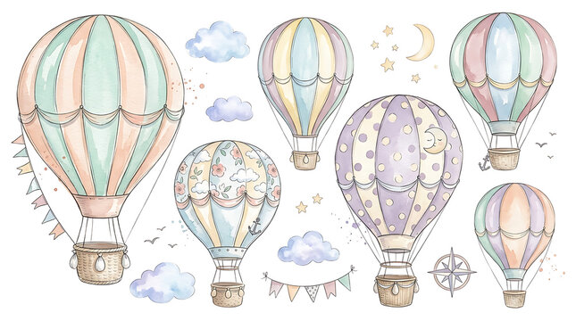 Watercolor Hot Air Balloons and Clouds Pastel Illustration Set