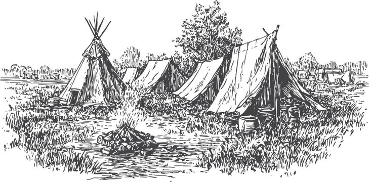 Hand drawn native american camp scene with teepees and tents by a campfire