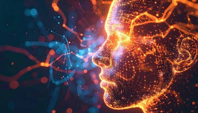 Digital human head profile with glowing neural network connections.