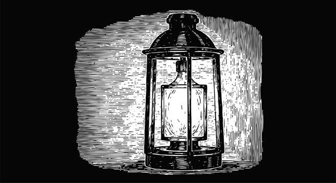 vintage lantern engraving old fashioned oil lamp with detailed shading and textured background illustration