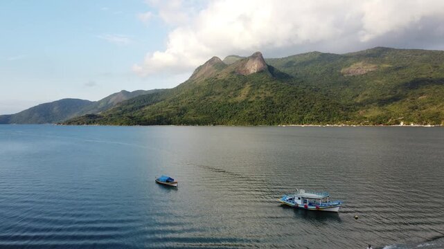 Aerial drone footage of Saco do Mamangu&aacute; highlighting Sugarloaf Peak, Paraty, Brazil