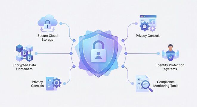 Digital security concept with a central shield and lock icon surrounded by icons representing secure cloud storage encrypted data containers privacy controls identity protection