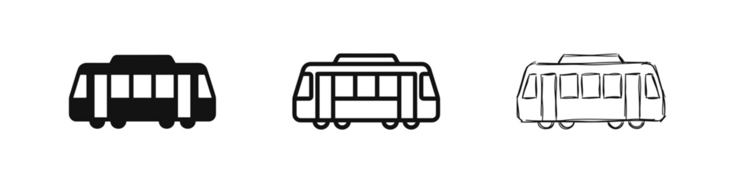 Tram or Streetcar Icon Set - Public Transport Vehicle in Solid, Outline, and Hand-Drawn Styles