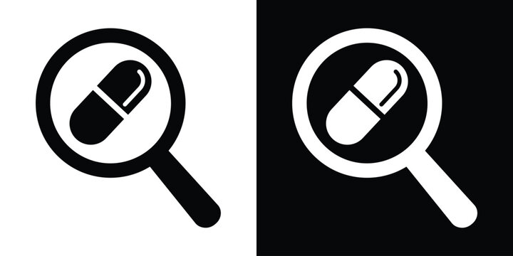 Magnifying glass focused on a medical capsule pill, representing drug research, quality control, or medical analysis.