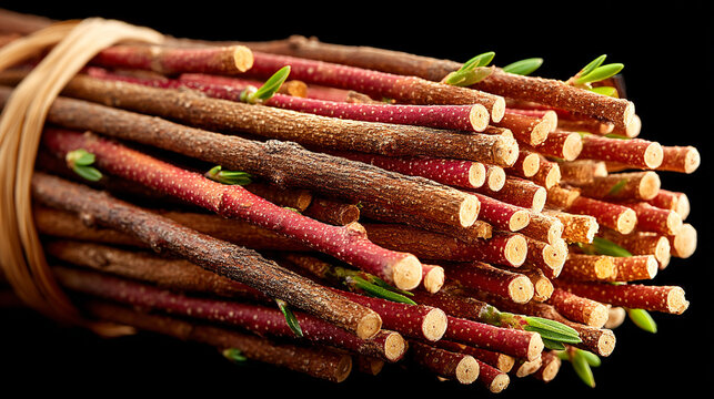 Bundle of fresh dogwood branches tied with raffia on black background, branches