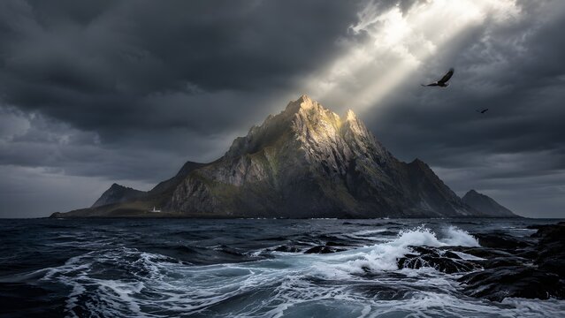 Dark dramatic mountain landscape in the ocean with a sunbeam breaking through storm clouds This high quality image is ideal for cinematic posters and adventure websites
