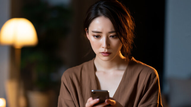 Sad and depressed young Japanese woman looking at her smartphone at night with a hand on her cheek