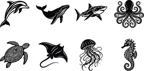 Marine Animal Silhouette Vector Collection Featuring Dolphin Whale Shark Octopus Turtle Stingray Jellyfish and Seahorse © MdMijanur