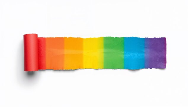 Rolled colorful paper strip transitioning through rainbow hues on white background