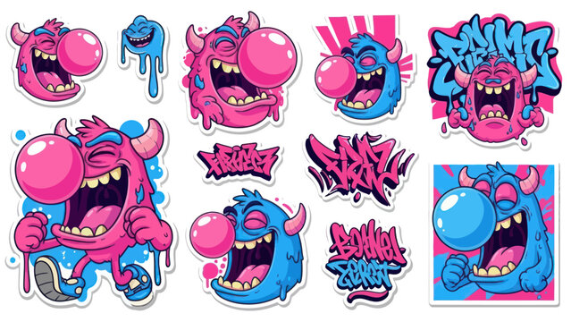 Colorful cartoon monster character set with bubble gum and graffiti elements
