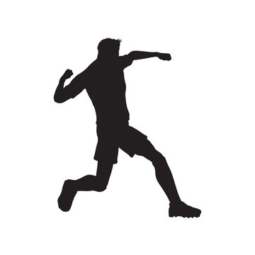 Dynamic black silhouette of a soccer player isolated on a solid white background.
