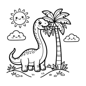Cute brontosaurus dinosaur eating leaves from a palm tree coloring page for kids with happy smiling sun