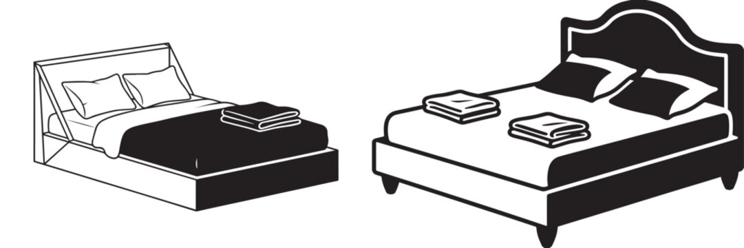 Double bed vector icons with pillows and blankets for bedroom furniture design and hotel accommodation illustration