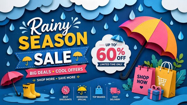 Paper cut style Monsoon Sale banner with shopping bags and rain themed elements - ai generative