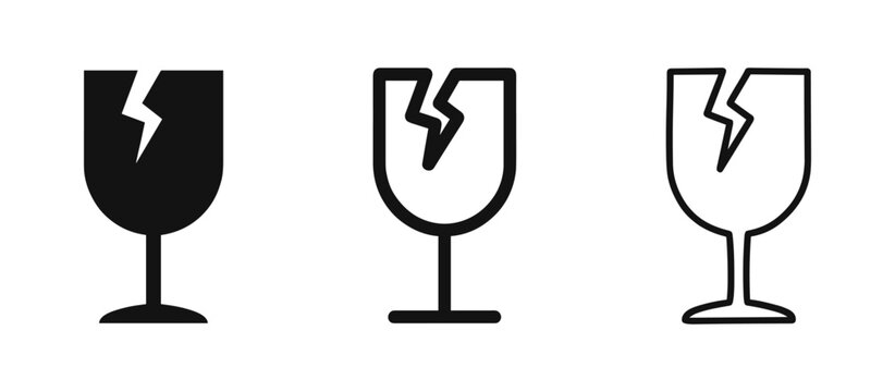 Fragile handle with care glass icons in solid and outline styles, shipping and packaging warning symbols