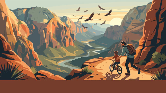 Father and son exploring a majestic red rock canyon landscape with a bicycle during a family hiking adventure