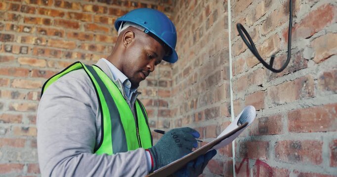 Clipboard, inspection and black man with wire at construction site, compliance or infrastructure. Writing, evaluation and person with checklist for process, installation or electrical line review