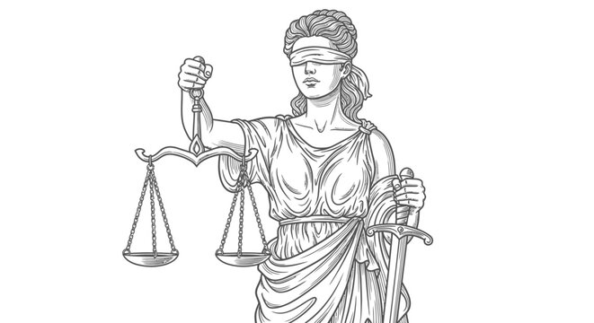 Detailed line art illustration of Lady Justice holding scales and a sword.