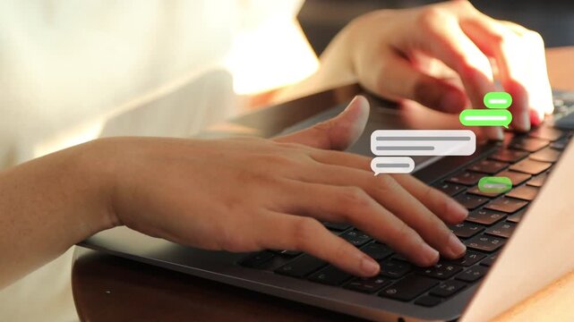 Highly elevated 4K close-up view of a woman's hands fast typing on a computer keypad with active chat box pop-ups appearing.