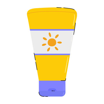 Doodle sunscreen tube icon vector illustration. Yellow sunblock hand drawn tube. Sun protection cosmetic isolated on white background.