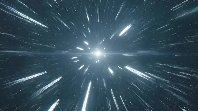 Hyperspace travel through star field, futuristic cosmic warp speed journey, motion graphic animation with light streaks and glowing central point on dark background