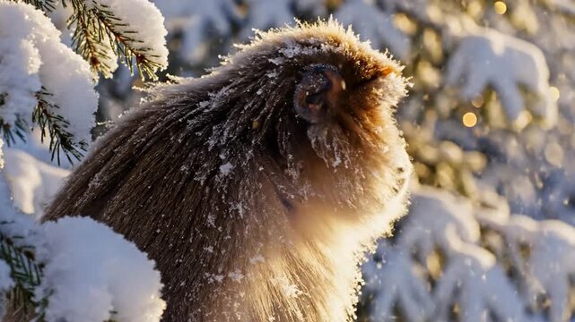 A snow-covered monkey sits on frosted branches in a winter forest bathed in soft sunlight