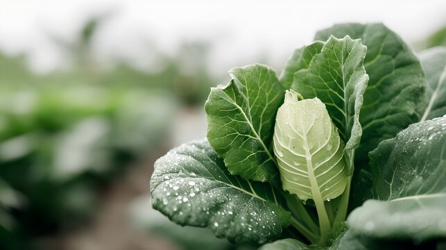 Close-up of a fresh green cabbage plant with dewdrops on its leaves, growing in a field under an overcast sky. The focus is on the vibrant green leaves and the water droplets.