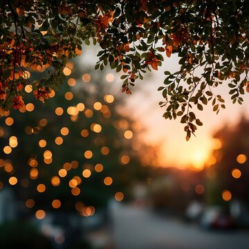 Soft focus image of bokeh lights scattered across the frame with the warm glow of a sunset filtering through tree branches