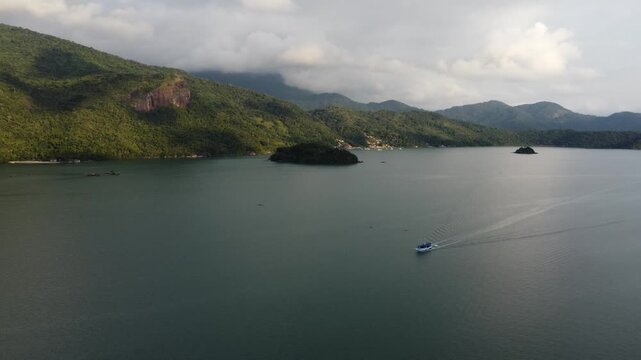 Aerial drone footage of Saco do Mamangu&aacute; highlighting Sugarloaf Peak, Paraty, Brazil