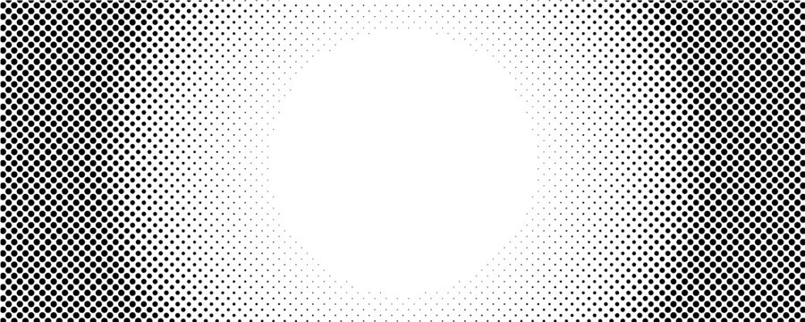 Abstract black and white halftone polka dot pattern background, modern monochrome radial dotted geometric texture vector illustration