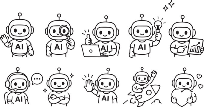 Fun robot mascot icon set featuring a smiling chatbot face in line art vector style for AI and technology communication great for presentations 