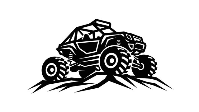 Black and white illustration of a rugged off road vehicle climbing a rocky incline.