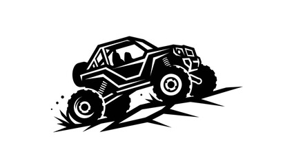 Off-road vehicle climbing a steep incline, black and white illustration. © Surep
