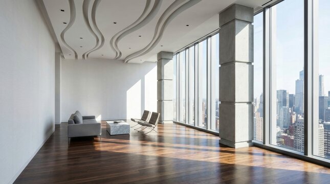 Modern Interior Design with Large Windows and City View.
