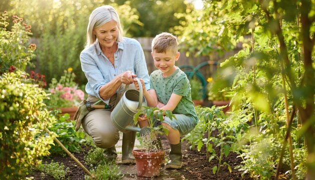 Grandmother and grandson joyfully watering plants together in a lush garden during a sunny day, nurturing love for nature and gardening skills development