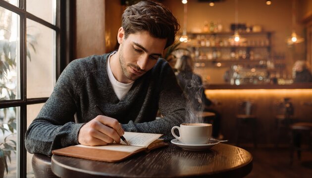 Thoughtful young man writing in notebook at cozy cafe with steaming coffee in hand, warm ambient light and blurred background creating inviting atmosphere