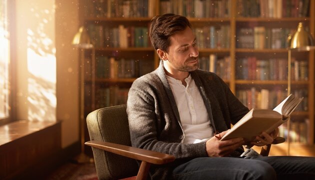 Thoughtful man reading book in cozy library with warm light, surrounded by shelves filled with books, creating a tranquil and inviting atmosphere