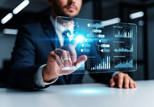 Businessman hand touching transparent holographic screen showing decision tree diagram and data graph for machine learning ai strategy planning and global business risk analysis concept