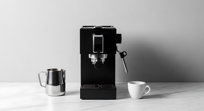Black coffee maker with cup mug.