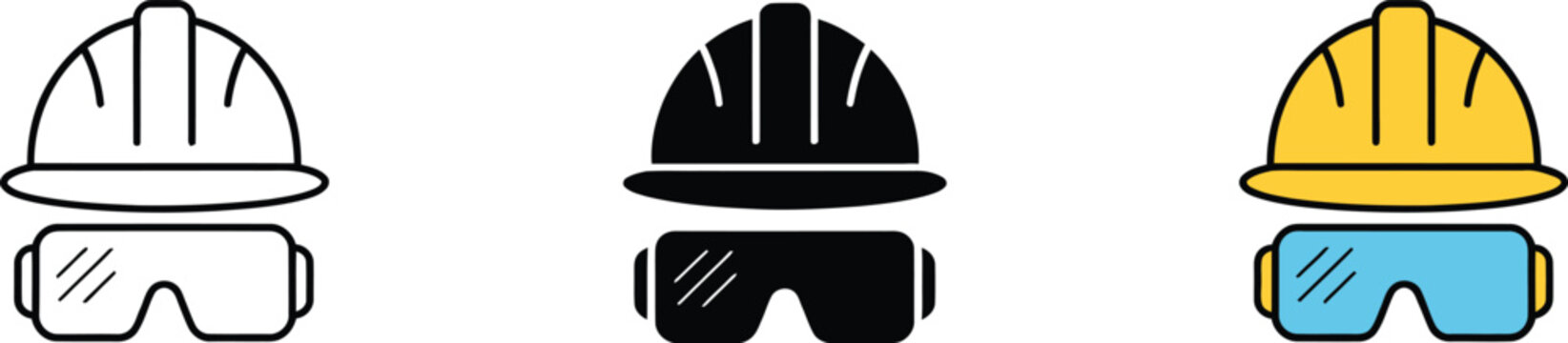 Three of safety helmet and goggles in outline black and yellow blue