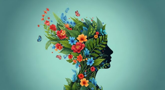 Silhouette profile of woman's head filled with vibrant flowers and green leaves, symbolizing mental wellness, creativity, nature's beauty, and inner growth.