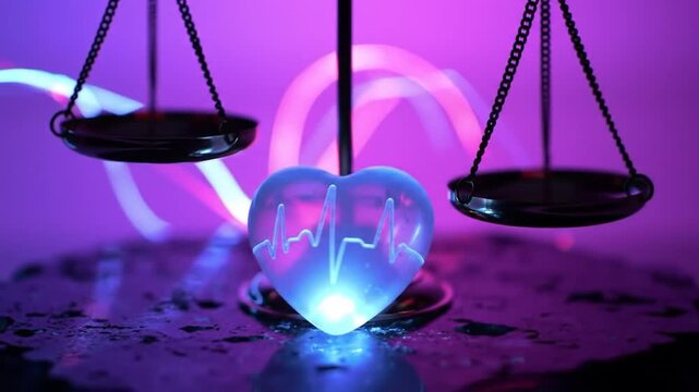 Glowing blue glass heart with heartbeat line and scales of justice on neon purple background