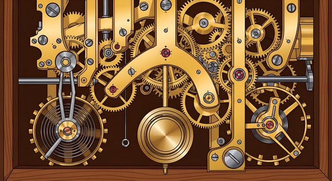 Golden clockwork mechanism with gears and cogs illustration