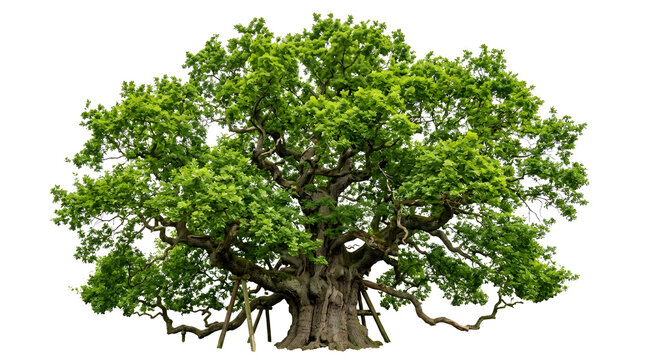 Ancient green oak tree with spreading branches and massive trunk isolated on white background
