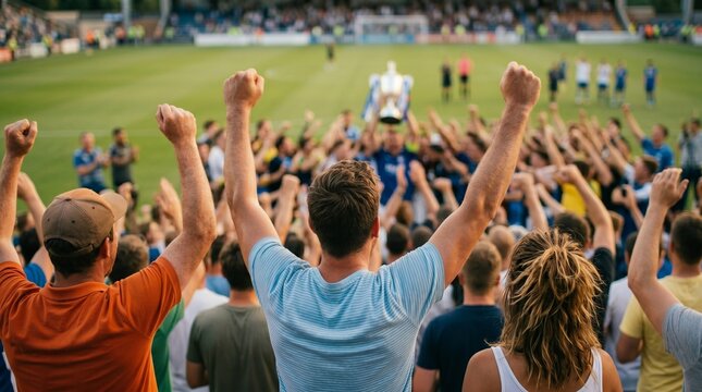 Excited crowd of soccer fans raising hands and cheering in the stadium. Blurred background of a team lifting the championship trophy.