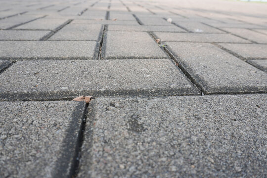 Close up perspective of gray interlocking concrete paving stones on a pathway.