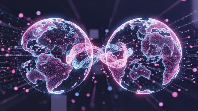 Digital connection between two glowing holographic globes representing global communication and data transfer