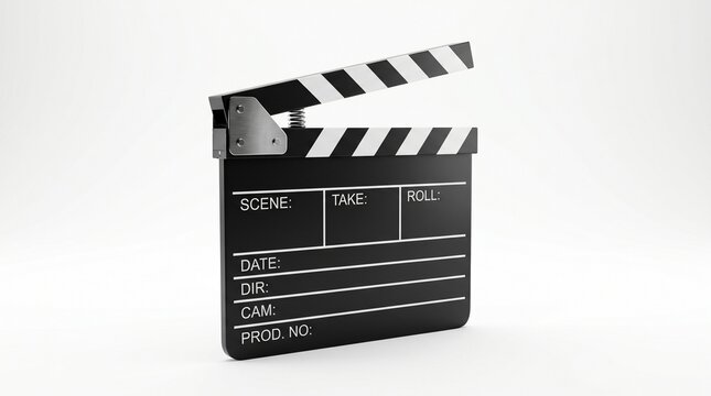 Black movie clapperboard with white diagonal stripes, isolated on a pure white background