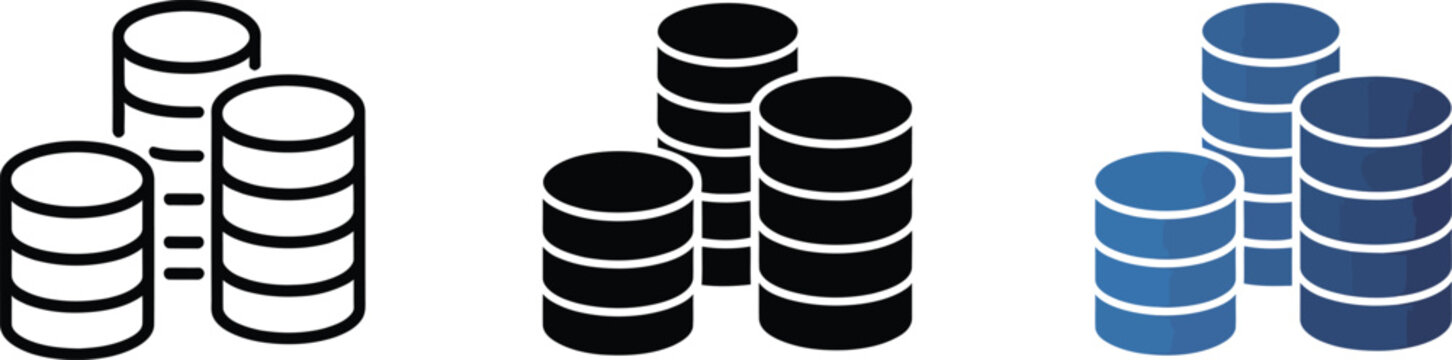 Three stylized database in black white and blue database data storage
